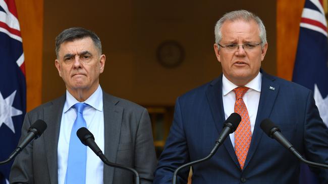 Chief Medical Officer Professor Brendan Murphy and Prime Minister Scott Morrison give an update on the coronavirus at a press conference at Parliament House in Canberra. Picture: AAP Image/Mick Tsikas