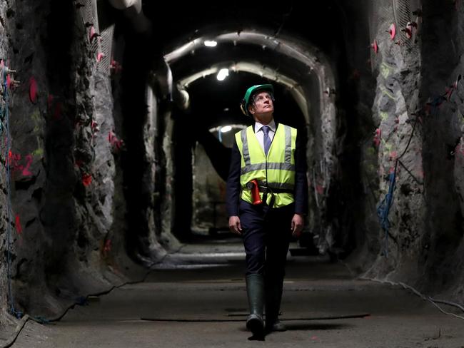 Premier Jay Weatherill walks through tunnels 420 metres below the ground at the Onkalo underground research facility in Finland. Pic: Calum Robertson