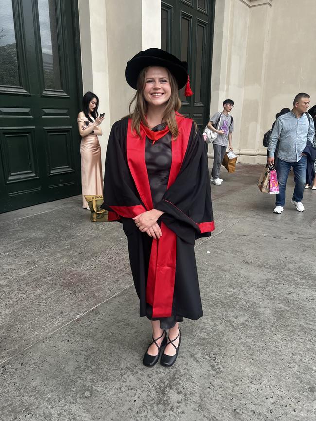 Dr Catherine Gay (PhD in History) at the University of Melbourne graduations held at the Royal Exhibition Building on Monday, December 16, 2024. Picture: Jack Colantuono