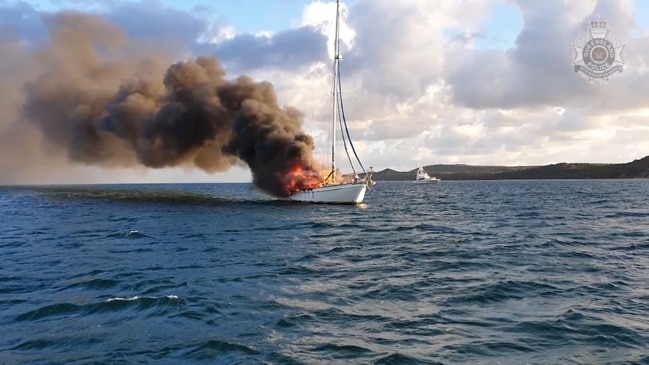 Yacht engulfed by fire near Moreton Island. VIDEO: Queensland Police Service