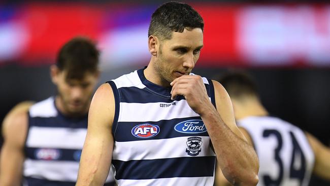 Harry Taylor’s miss after the siren could cost the Cats dearly. Picture: AAP