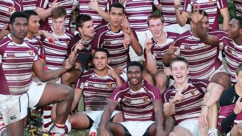 Current Queensland Reds halfback Moses Sorovi pictured back in his school playing days at St Peters Lutheran College 2012, (Moses is seated front row middle, hands on legs) Picture Supplied