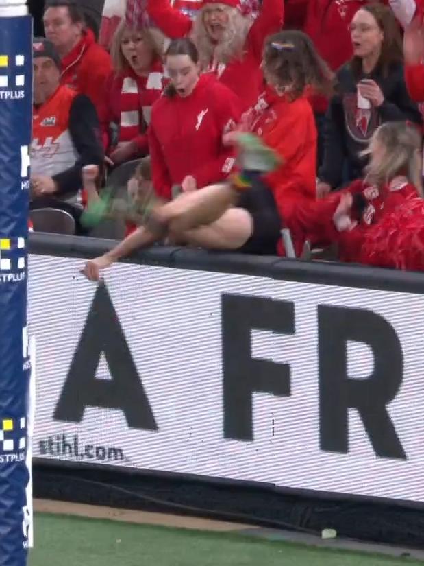 Dougal Howard tumbled into the stands. Photo: Fox Footy.