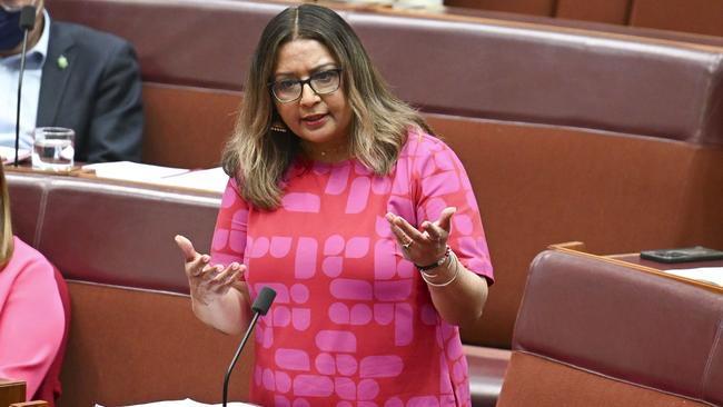 Greens senator Mehreen Faruqi has condemned the vandalism of her election corflutes. Picture: NewsWire / Martin Ollman