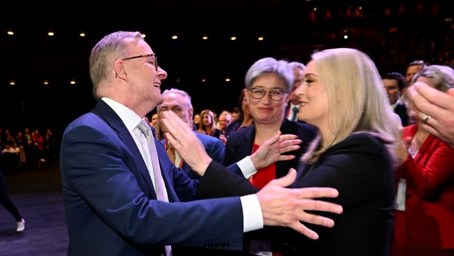 Anthony Albanese hugs his partner Jodie Haydon at the 49th ALP National Conference. Picture: Dan Peled / NCA NewsWire