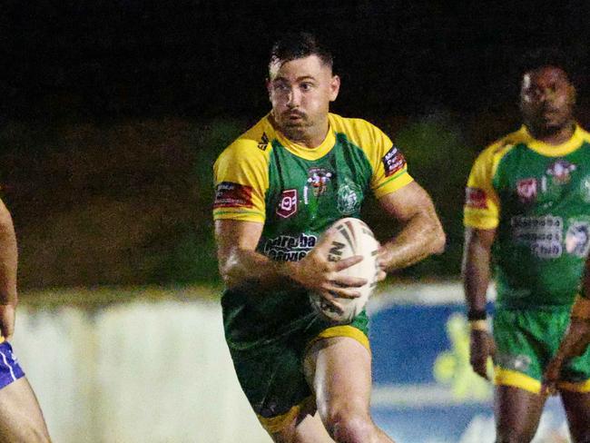 Gladiators Whyatt Barnes looks for a gap in the Roos defence in the Far North Queensland Rugby League (FNQRL) A Grade match between the Cairns Kangaroos and the Mareeba Gladiators, held at Vico Oval, Mooroobool. Picture: Brendan Radke