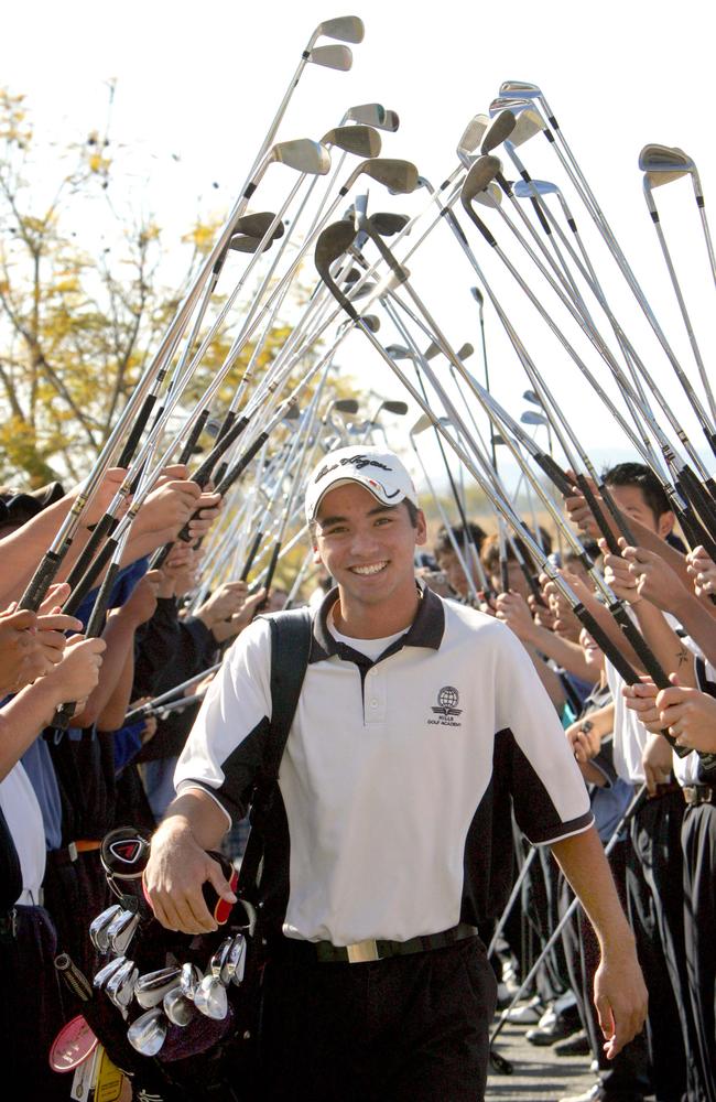 16 year old Jason Day returning to his high school Hills International College at Jimboomba after winning the World Junior Golf Championship in 2004. Picture: Nathan/Richter.