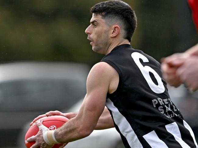 WallanÃs Corey Viani during the ERDFNL Riddell v Wallan Qualifying 2 football match in Romsey, Saturday, Aug. 31, 2024. Picture: Andy Brownbill