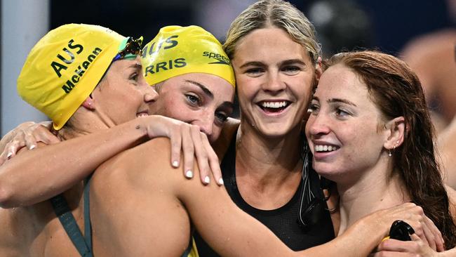 Australia's 4x100m freestyle relay gold medallists Emma McKeon, Meg Harris, Shayna Jack and Mollie O'Callaghan who kicked off our women’s hugely successful campaign with victory on the opening night. Picture: AFP