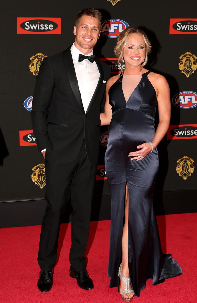 Andrew Swallow of North Melbourne and wife Elise Swallow arrive on the red carpet for the 2015 AFL Brownlow Medal presentation held at Crown Casino on Monday, September 28, 2015, in Melbourne, Victoria, Australia. Picture: Tim Carrafa