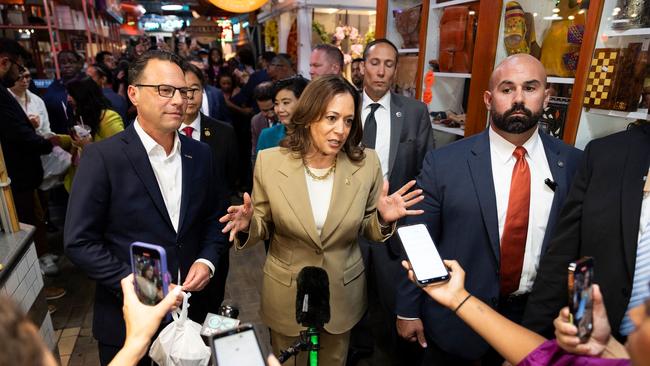 Pennsylvania Governor Josh Shapiro, in glasses, and Kamala Harris in Philadelphia earlier this month. Picture: AFP/Getty Images