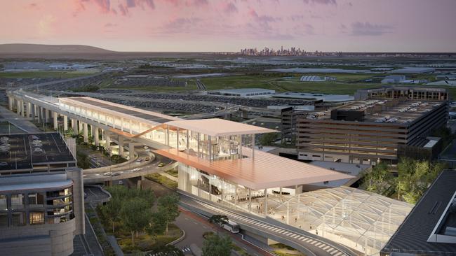 A render of the Melbourne airport station as part of the stalled rail link project. Picture: Supplied