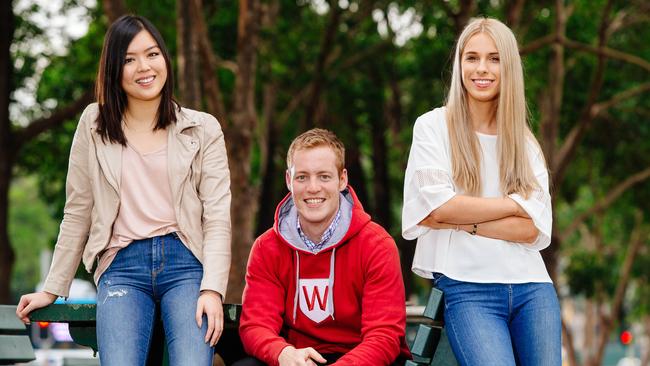 Law student Emily Lam, 23, communications student Elliott Richardson, 21 and business and law student Tiana Podinic. all three attend UWS. Picture: Jonathan Ng