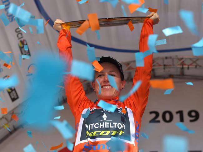 ADELAIDE, AUSTRALIA - JANUARY 13: Podium /  Amanda Spratt of Australia and Team Mitchelton-Scott Orange Leader Jersey / Celebration / Trophy / during the 5th Santos Women's Tour Down Under 2019 - Stage 4 a 42,5km stage from Adelaide to Adelaide on January 13, 2019 in Adelaide, Australia. (Photo by Tim de Waele/Getty Images)