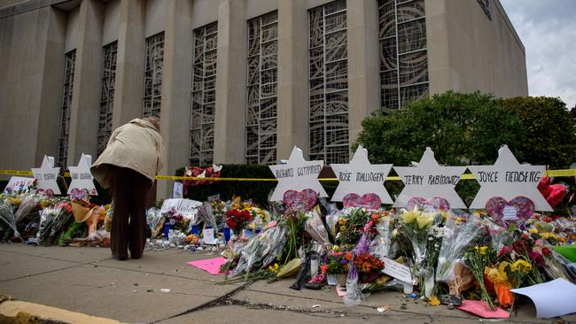 Mourners visit the memorial outside the Tree of Life Synagogue in Pittsburgh, Pennsylvania in 2018. Picture: Getty