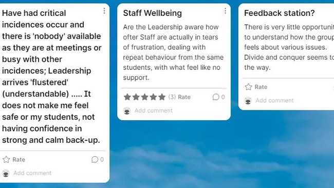 Posts by teachers on the Woodville High School internal staff survey. Supplied