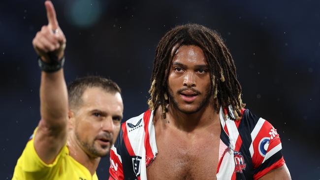 SYDNEY, AUSTRALIA - APRIL 05:  Dominic Young of the Roosters is sent off by referee Grant Atkins after a high tackle on Blake Taaffe of the Bulldogs during the round five NRL match between Canterbury Bulldogs and Sydney Roosters at Accor Stadium on April 05, 2024, in Sydney, Australia. (Photo by Cameron Spencer/Getty Images)