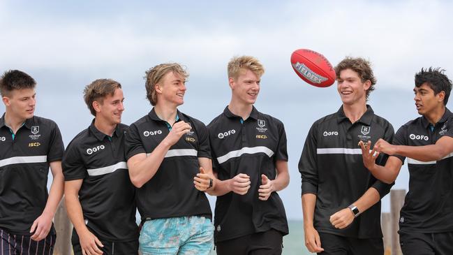 BIG RAPS: Port Adelaide’s draft class of 2019, from left, Dylan Williams, Jackson Mead, Miles Bergman, Jake Pasini, Mitch Georgiades and Trent Burgoyne. Picture: RUSSELL MILLARD (AAP).