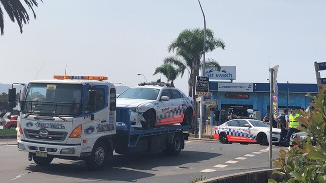 The damaged cop car. Picture: Madeline Crittenden