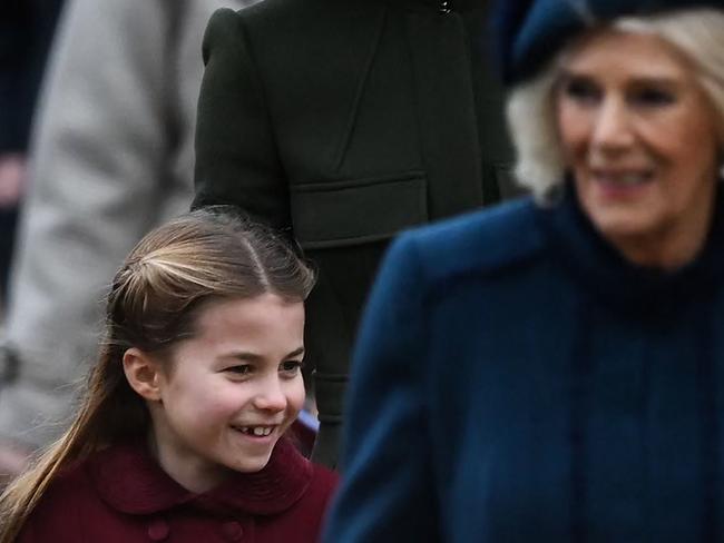 Princess Charlotte of Wales (L) behind Camilla, Queen Consort (R) as they arrive for the Royal Family's traditional Christmas Day service in Sandringham, Norfolk. Picture: AFP