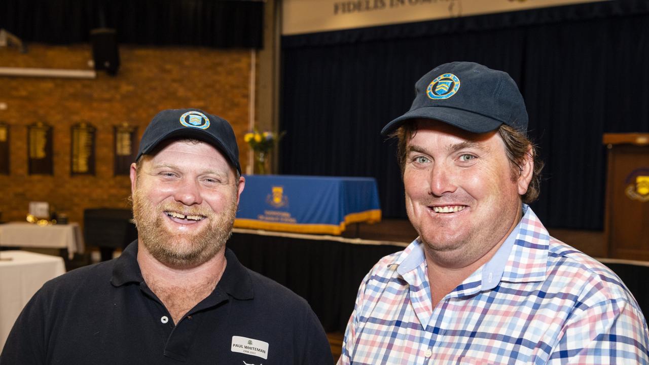 Paul Whiteman (left) and Chris Warby catch up at the Toowoomba Grammar School Old Boys' Association Weekend 2022 welcoming function on the eve of the O'Callaghan Cup, Friday, August 5, 2022. Picture: Kevin Farmer