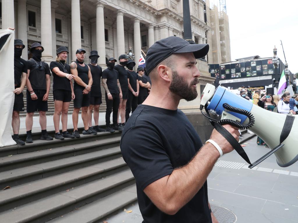 Members of a neo-Nazi group attended the protest and performed the Nazi salute. Picture: NCA NewsWire / David Crosling