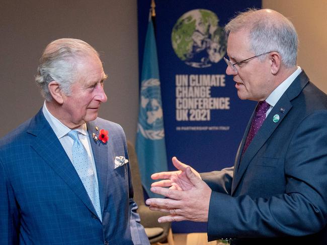 Britain's Prince Charles meets with Prime Minister Scott Morrison during a bilateral meeting on the sidelines of the COP26 Climate Conference in Glasgow earlier this month. Picture: Jane Barlow / POOL / AFP