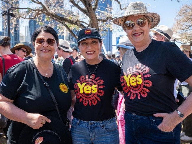 Premier Annastacia Palaszczuk (right) promoting the Voice referendum with fellow ministers Grace Grace (left) and Leeanne Enoch