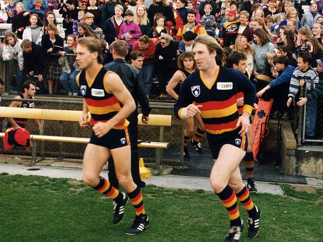 Adelaide Crows Football Club team footballers, Tony Modra and Greg Anderson at a training session during 1993. Picture: File.