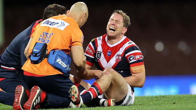 Mitch Aubusson’s broken wrist leaves him on 301 games, one shy of equalling the Roosters’ club record, currently held by Anthony Minichiello. Picture: Phil Hillyard