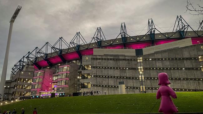 The MCG turned pink on June 23 for the Demons’ annual Pink Lady Match. Photo by Darrian Traynor/Getty Images