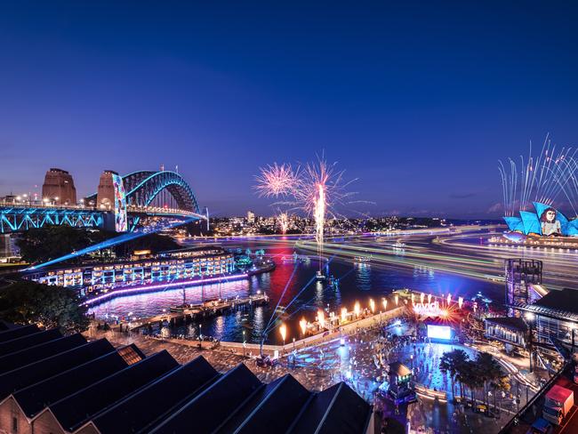 Fireworks over Sydney Harbour on the opening night of Vivid Sydney 2024, as seen from 88 George Street.<br />