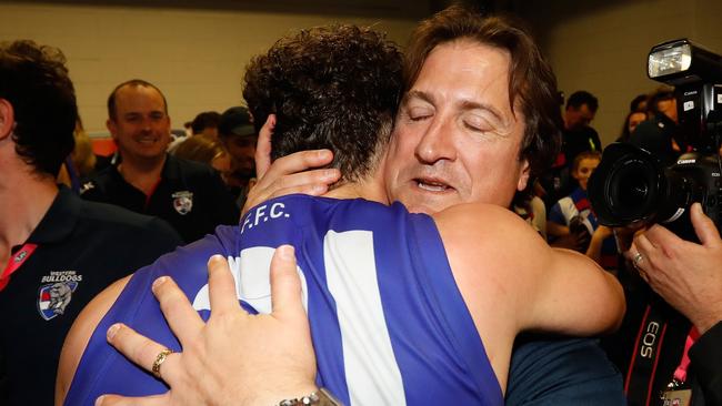 Luke Beveridge and Tom Liberatore celebrate the Bulldogs’ preliminary final win. (Photo by Michael Willson/AFL Media/Getty Images)