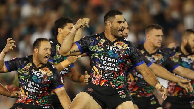 The Indigenous All Stars thrilled the crowd with their pre-game tribal dance. Picture: Brett Costello