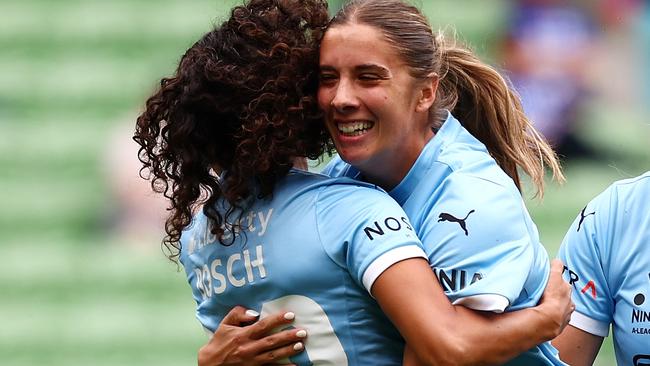 MELBOURNE, AUSTRALIA - NOVEMBER 09: Lourdes Bosch and Mariana Speckmaier of Melbourne City celebrate a goal during the round two A-League Women's match between Melbourne Victory and Melbourne City at AAMI Park on November 09, 2024 in Melbourne, Australia. (Photo by Morgan Hancock/Getty Images)