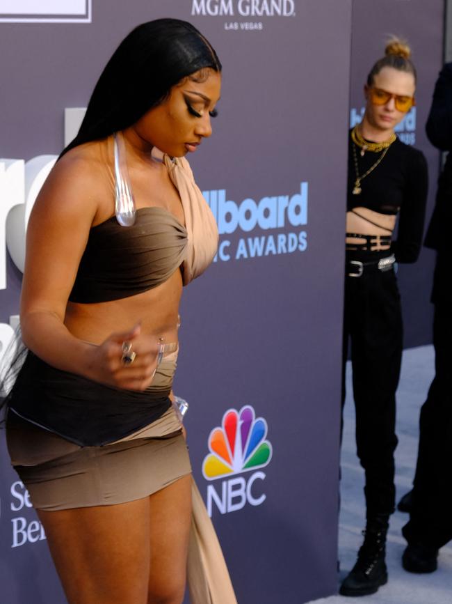 Megan Thee Stallion poses as Cara looks on. Picture: AFP