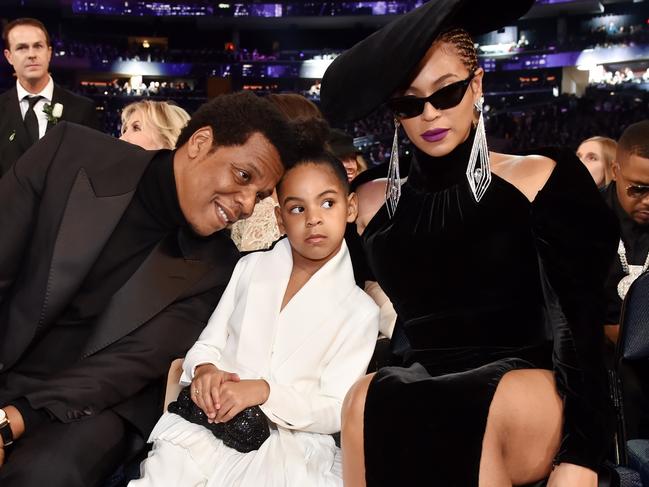 NEW YORK, NY - JANUARY 28: Recording artist Jay Z, daughter Blue Ivy Carter and recording artist Beyonce attend the 60th Annual GRAMMY Awards at Madison Square Garden on January 28, 2018 in New York City.  (Photo by Kevin Mazur/Getty Images for NARAS)