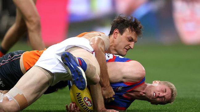 Tim English is out with a delayed concussion. It is unclear whether it stemmed from Braydon Preuss’ dangerous tackle. Picture: Phil Hillyard