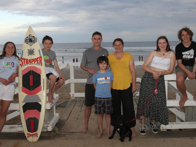 Ocean Grove newsagency owners Clinton and Cathy Staehr with children (from left) Makayla 16, Liam, 11, Andrew, 8, Tamsyn, 17 and Thomas, 13. Dogs name is Mitch.  Picture: Peter Ristevski