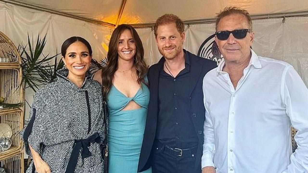 Meghan and Harry with actor Kevin Costner (right) at his charity party.