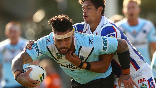Andrew Fifita of the Sharks is tackled during the round five NRL match against the Newcastle Knights.