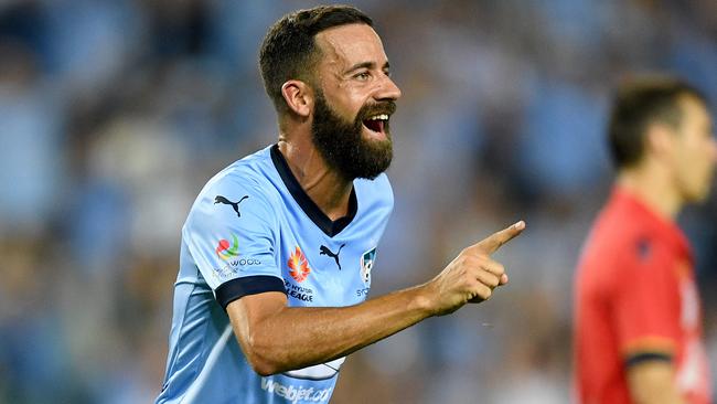 Alex Brosque of Sydney celebrates after scoring a goal during the round 16 A-League match between the Sydney FC and Adelaide United at Allianz Stadium in Sydney, Friday, Jan. 20, 2017. (AAP Image/Dan Himbrechts) NO ARCHIVING, EDITORIAL USE ONLY