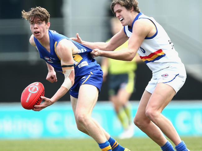 Jack Watkins getting away a handball for the Western Jets in 2018. Photo: Robert Prezioso/AFL Media/Getty Images