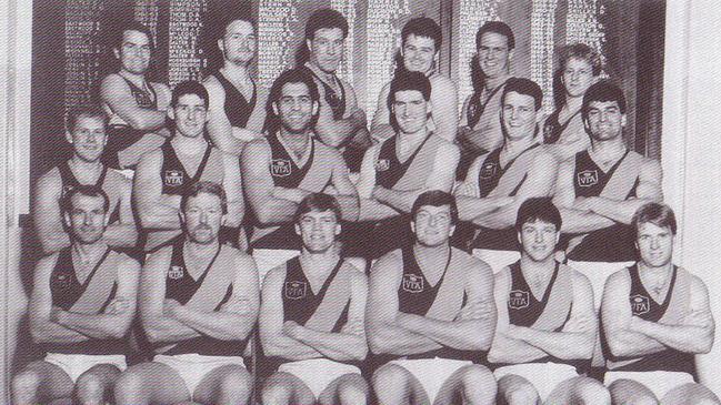 Williamstown 1990 premiership VFA team. Chris Burton is first from the left in the front row and Jack Aziz is third from the left in the centre row. Picture: Williamstown FC website