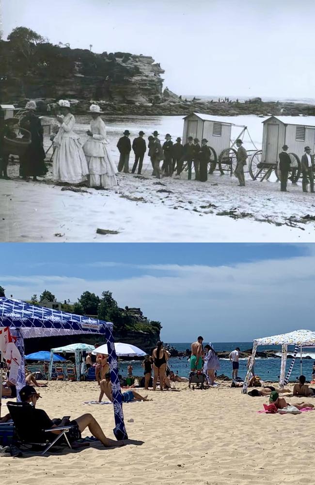 The historical photograph shows bathing boxes from the 1800s and cabanas from 2024. Picture: Supplied