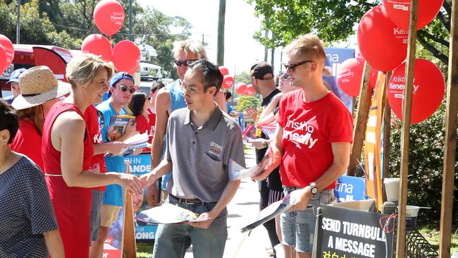 Kristina Keneally meets a voter at Ryde East Public School. Picture: Annika Enderborg