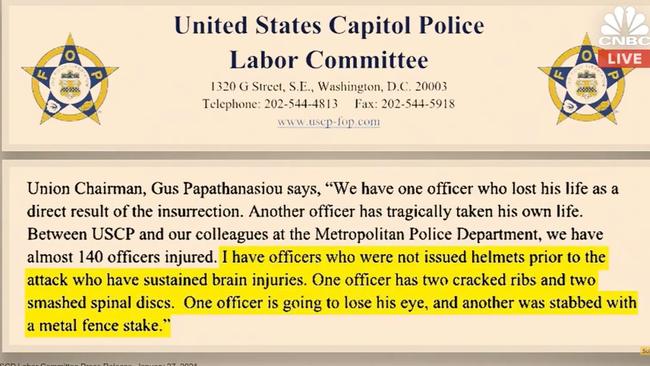 Statement from the US Capitol Police Labor committee on injuries sustained by police officers. Picture: CNBC.