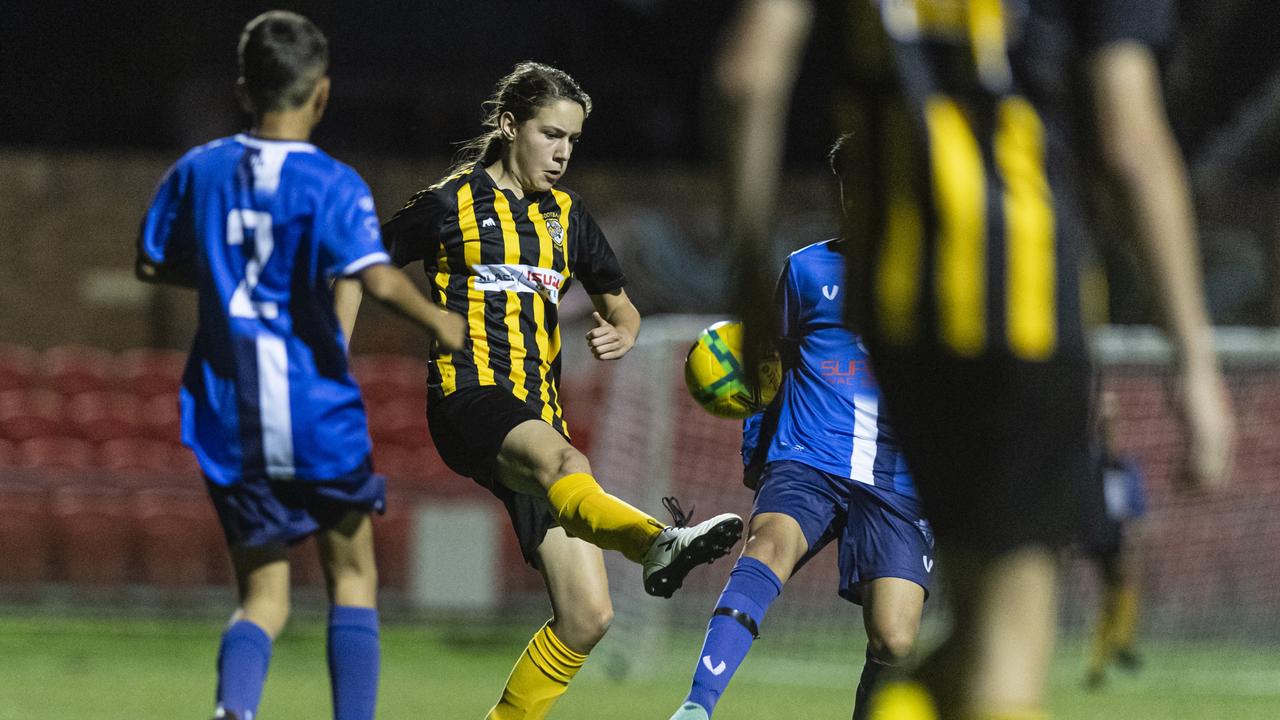 Chelsea Cradick of Football Dalby against Rockville Rovers Blue in Football Queensland Darling Downs Community Juniors U13 Div 1 White grand final at Clive Berghofer Stadium, Friday, August 30, 2024. Picture: Kevin Farmer