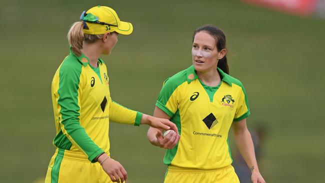 Meg Lanning and Megan Schutt during a game against New Zealand. Picture: Kerry Marshall/Getty Images)