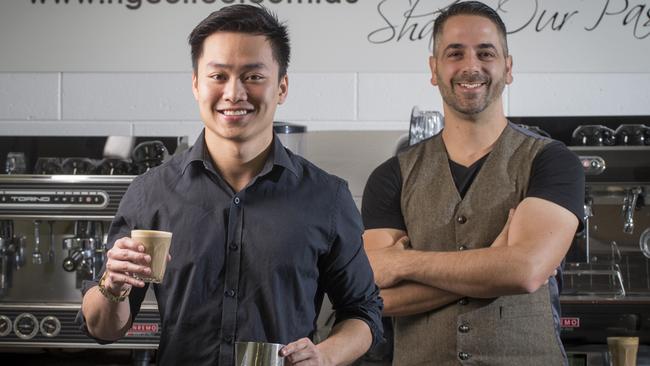 Coffee minded ... Student Ron Ho with HG Coffee School director Peter Giannakis. Picture: Matt Turner.